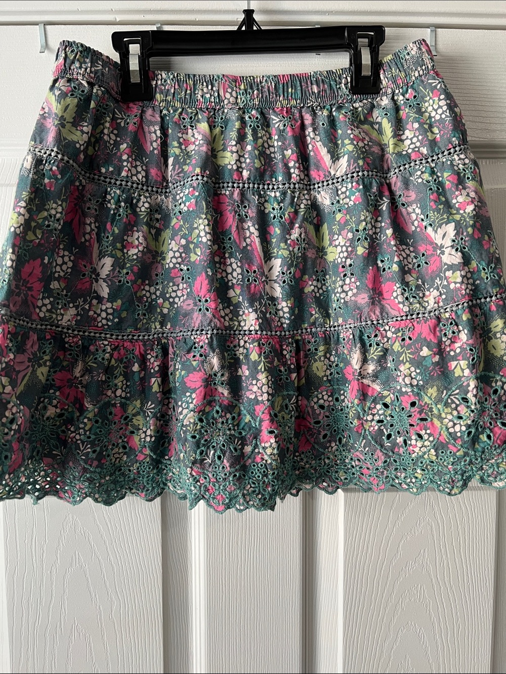 Tiered Floral Eyelet Mini Skirt - Pink & Green